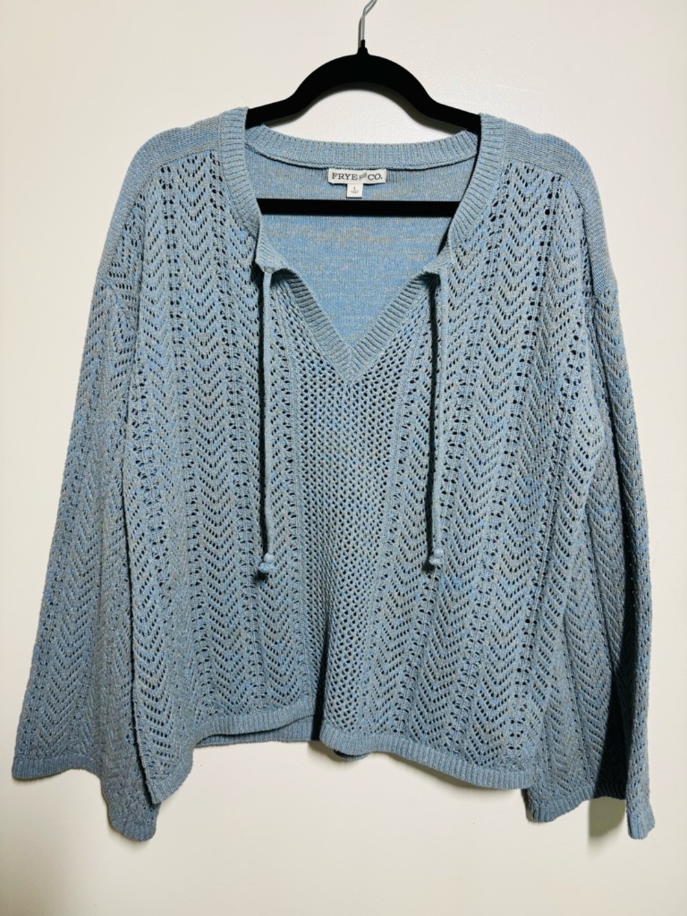 FRYE AND CO. Light Blue Open-Knit V-Neck Sweater with Tie Detail